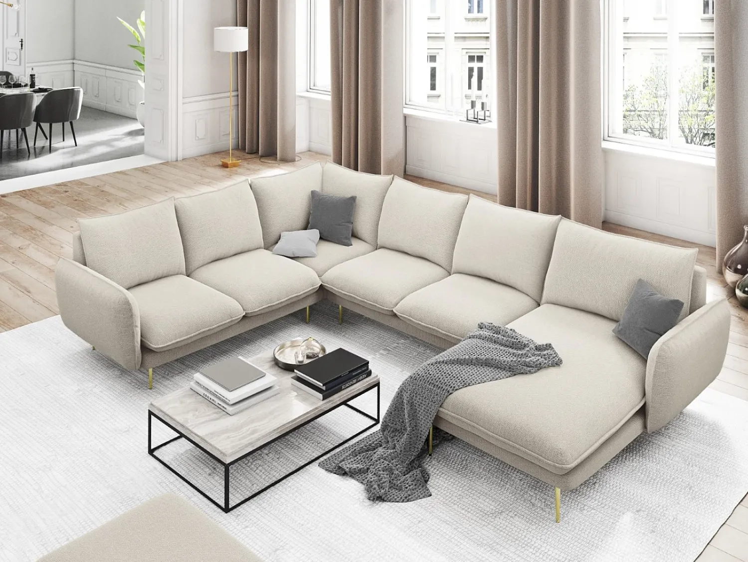 Sofá*Cosmopolitan Design - Sofá de canto panorâmico à esquerda "Vienna" 7 lugares em tecido estrutural claro - 330x235x95cm Bege