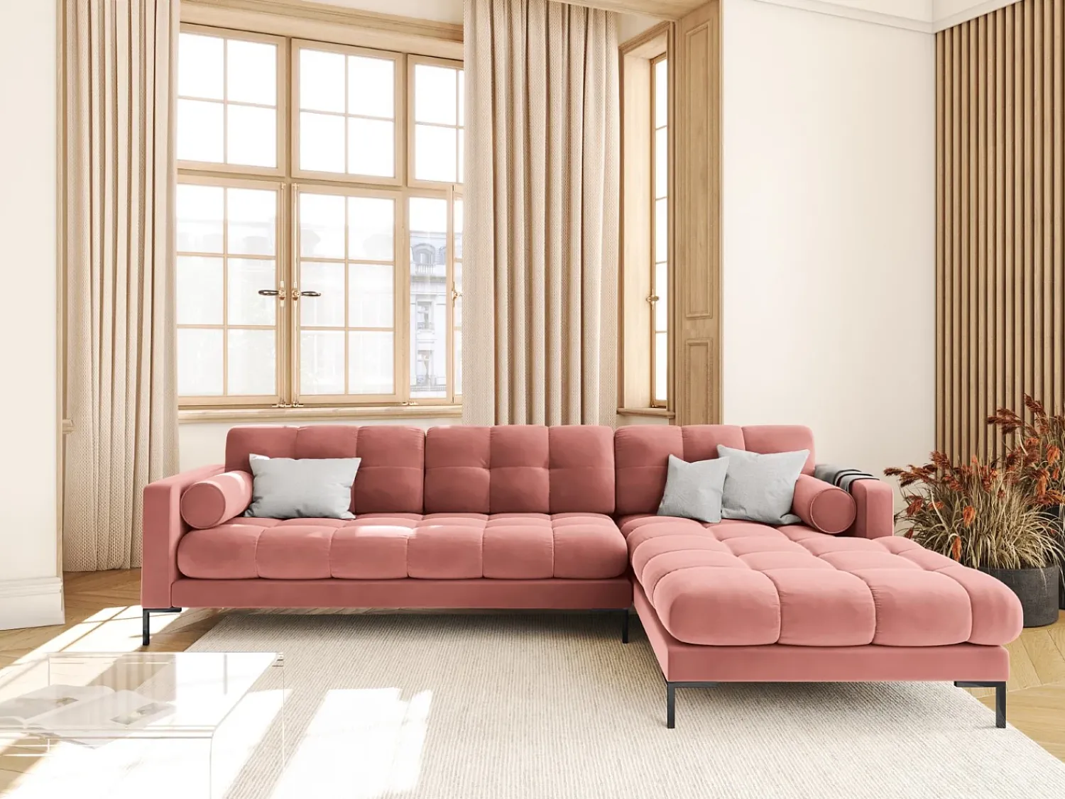 Clearance Cosmopolitan Design - Sofá de canto direito "Bali" 5 lugares em veludo - 293x185x75cm Rosa