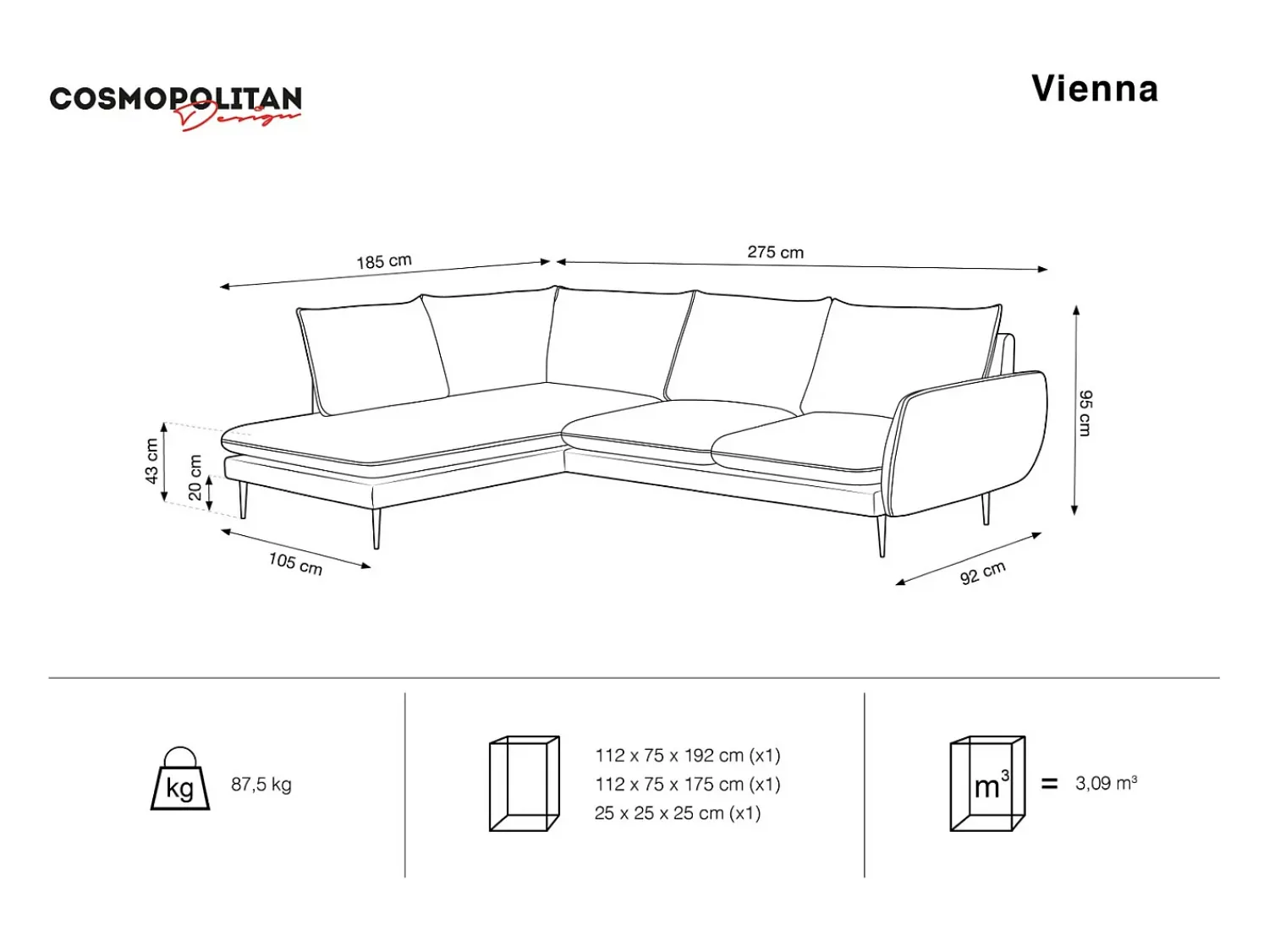 Sofá|Cosmopolitan Design - Sofá de canto esquerdo "Vienna" 6 lugares em tecido estrutural claro - 275x185x95cm Bege