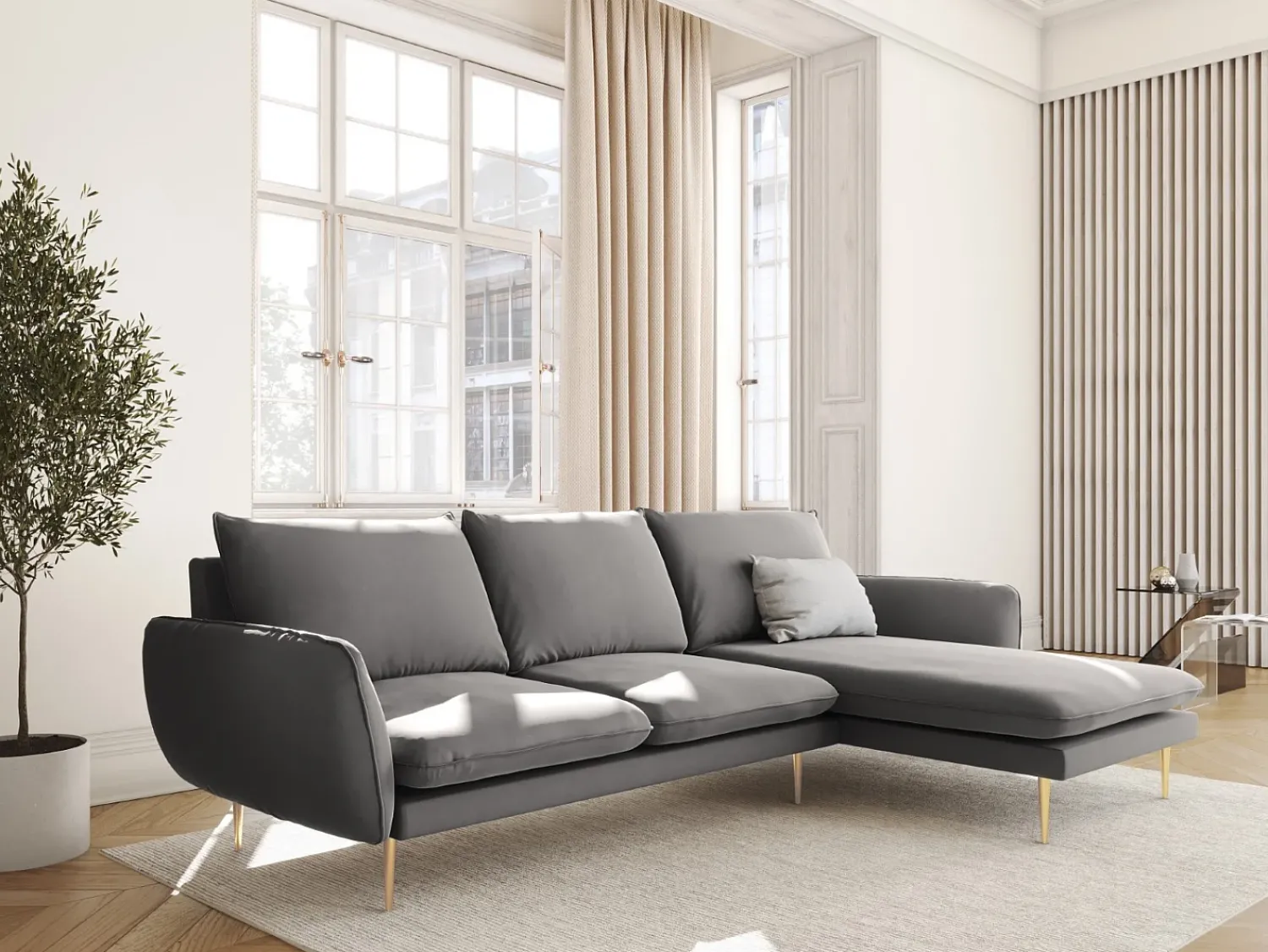 Cosmopolitan Design - Sofá de canto direito "Vienna" 5 lugares em veludo cinza claro - 255x170x95cm^ Sofá