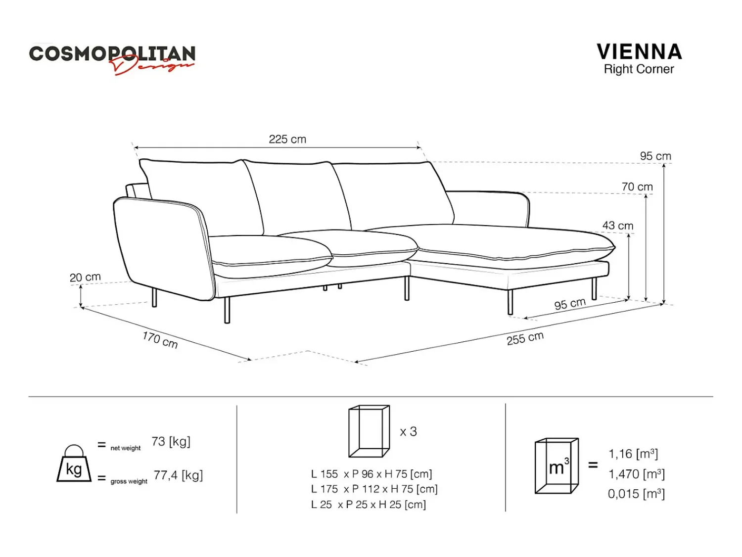 Cosmopolitan Design - Sofá de canto direito "Vienna" 5 lugares em veludo cinza claro - 255x170x95cm^ Sofá