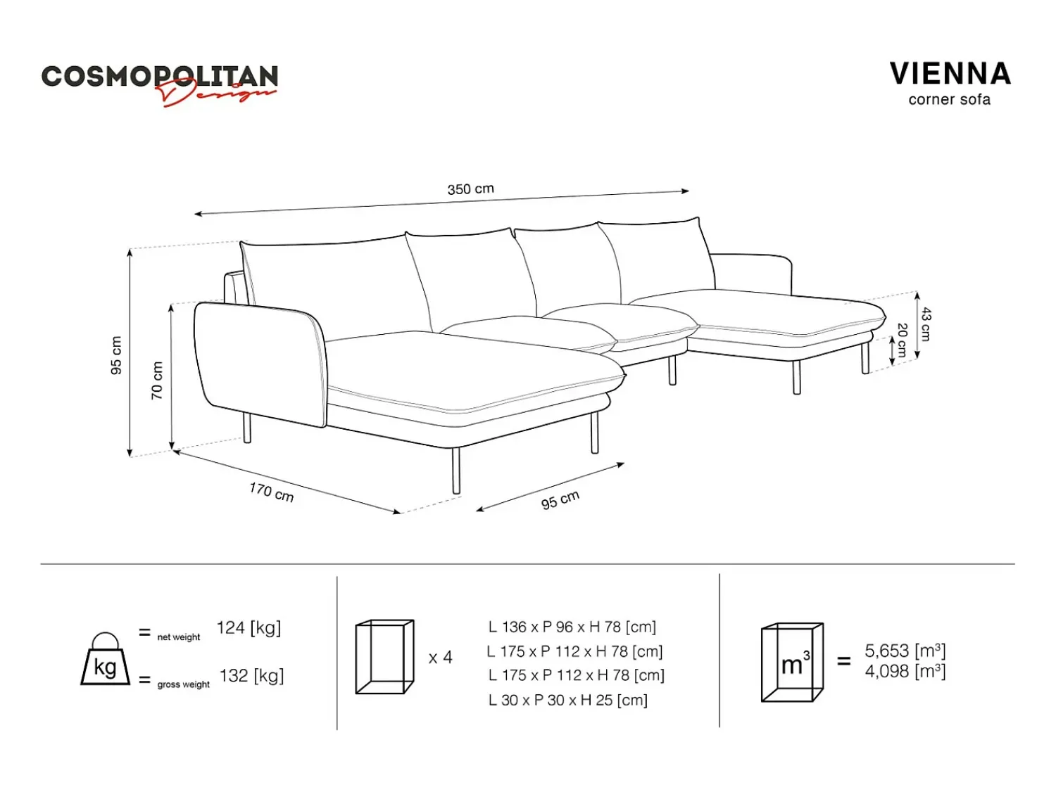 Cosmopolitan Design - Sofá panorâmico "Vienna" 6 lugares em tecido estrutural cinza claro - 350x170x95cm^ Sofá