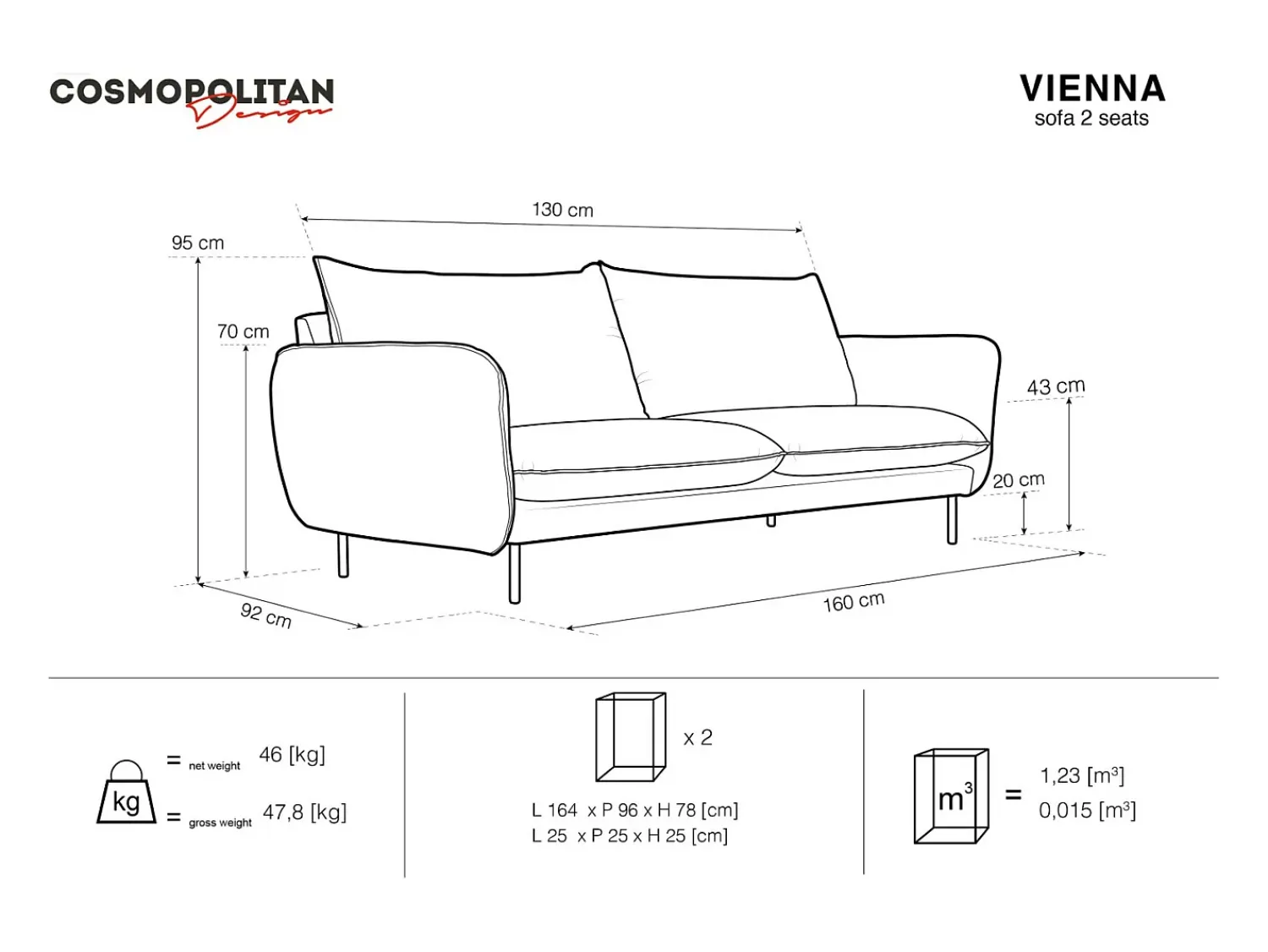 Cosmopolitan Design - Sofá "Vienna" 2 lugares em veludo cinza claro - 160x92x95cm^ Sofá