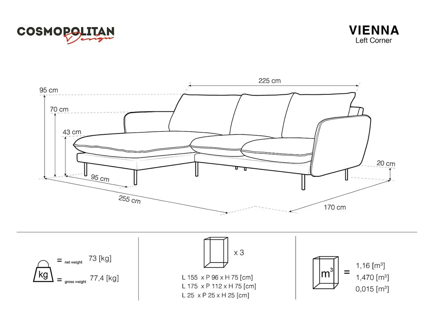 Clearance Cosmopolitan Design - Sofá de canto esquerdo "Vienna" 5 lugares em tecido estrutural cinza escuro - 255x170x95cm Cinza antracite