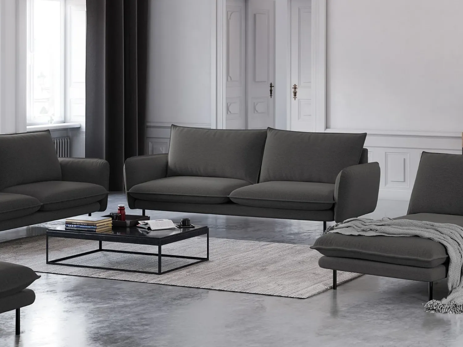 Cosmopolitan Design - Sofá "Vienna" 4 lugares em tecido estrutural cinza escuro - 230x92x95cm^ Sofá