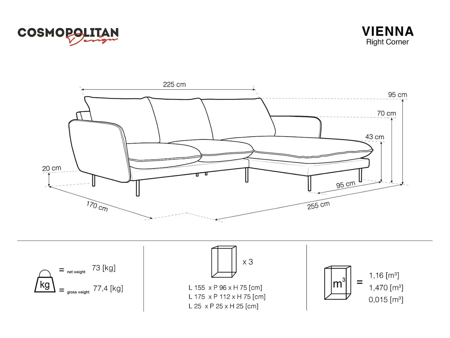Sofá|Cosmopolitan Design - Sofá de canto direito "Vienna" 5 lugares em tecido bouclé cinza - 255x170x95cm Cinzento