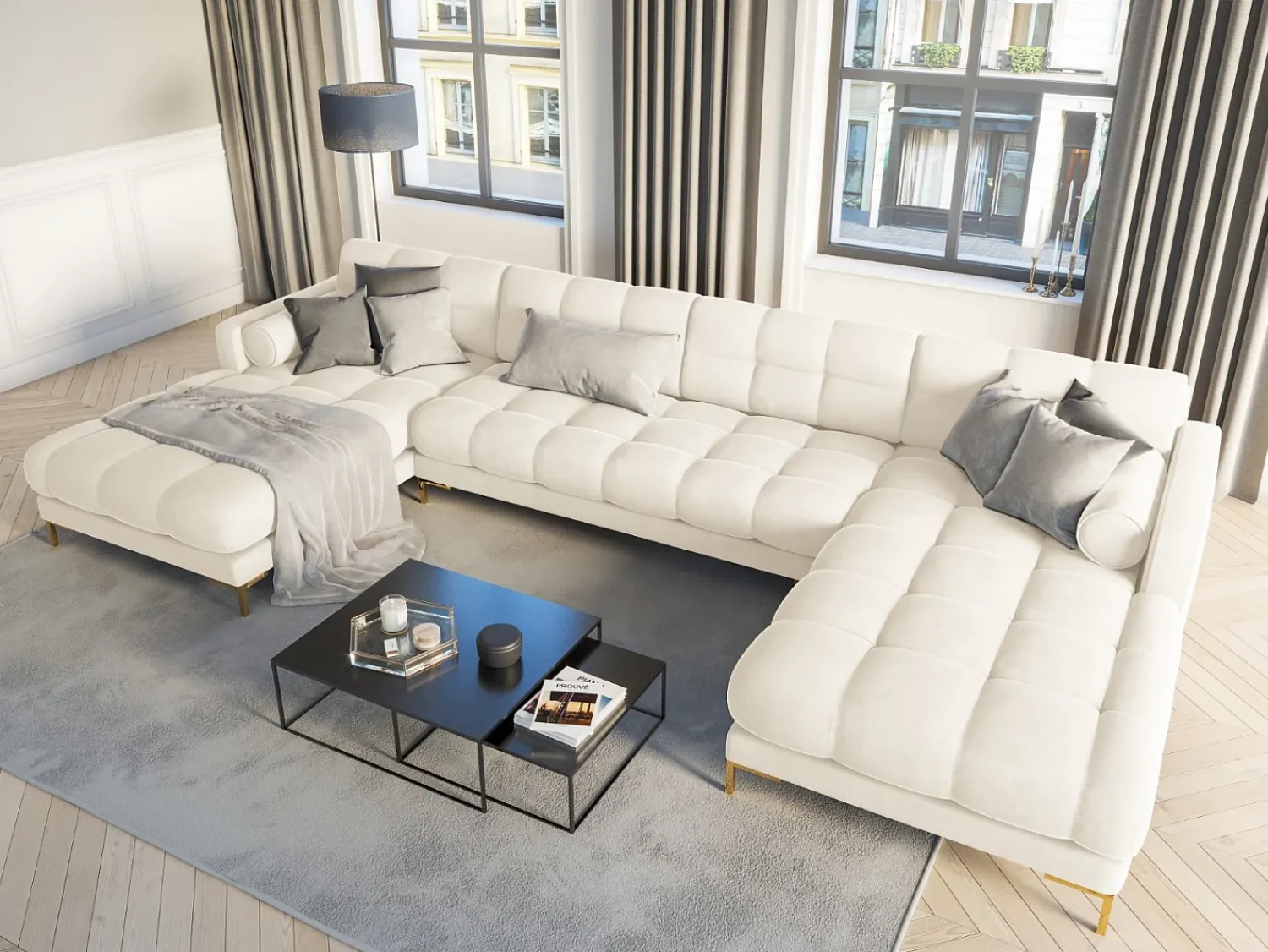 Sofá*Cosmopolitan Design - Sofá panorâmico "Bali" 7 lugares em veludo claro - 383x185x75cm Bege