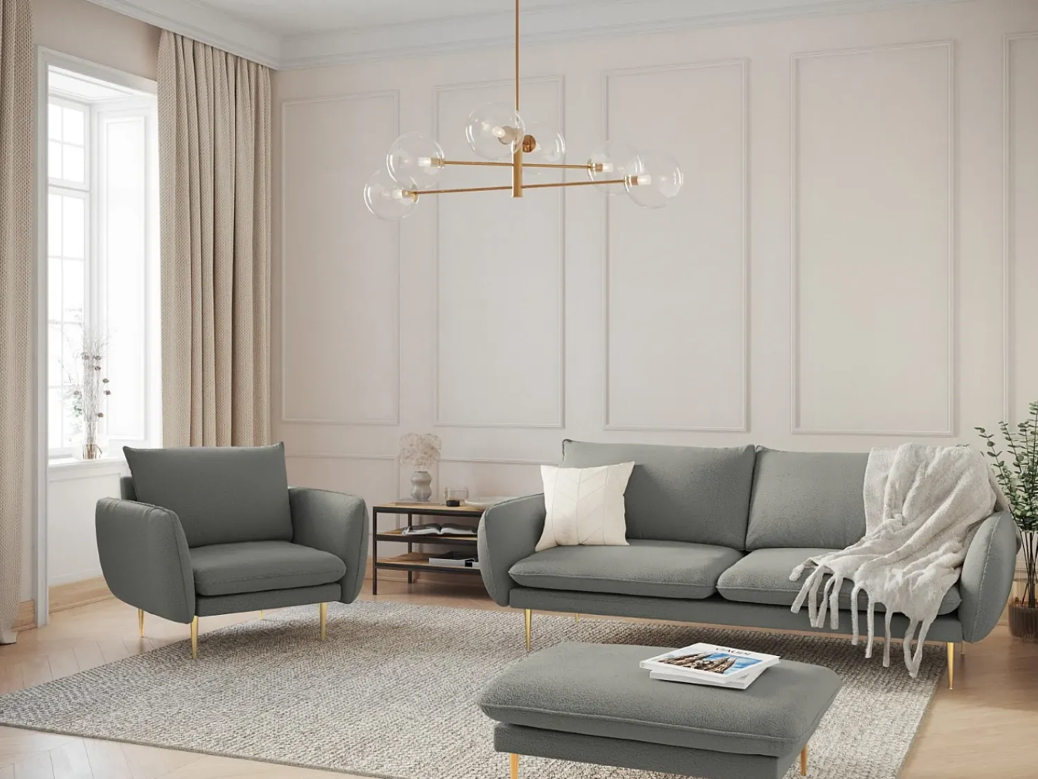 Sofá|Cosmopolitan Design - Sofá "Vienna" 2 lugares em tecido bouclé cinza - 160x92x95cm Cinzento