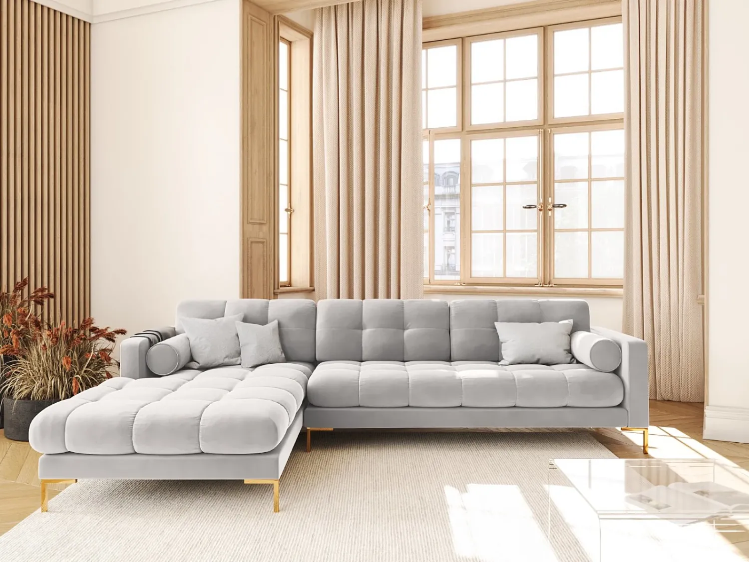 Discount Cosmopolitan Design - Sofá de canto esquerdo "Bali" 5 lugares em veludo prata - 293x185x75cm Prateado