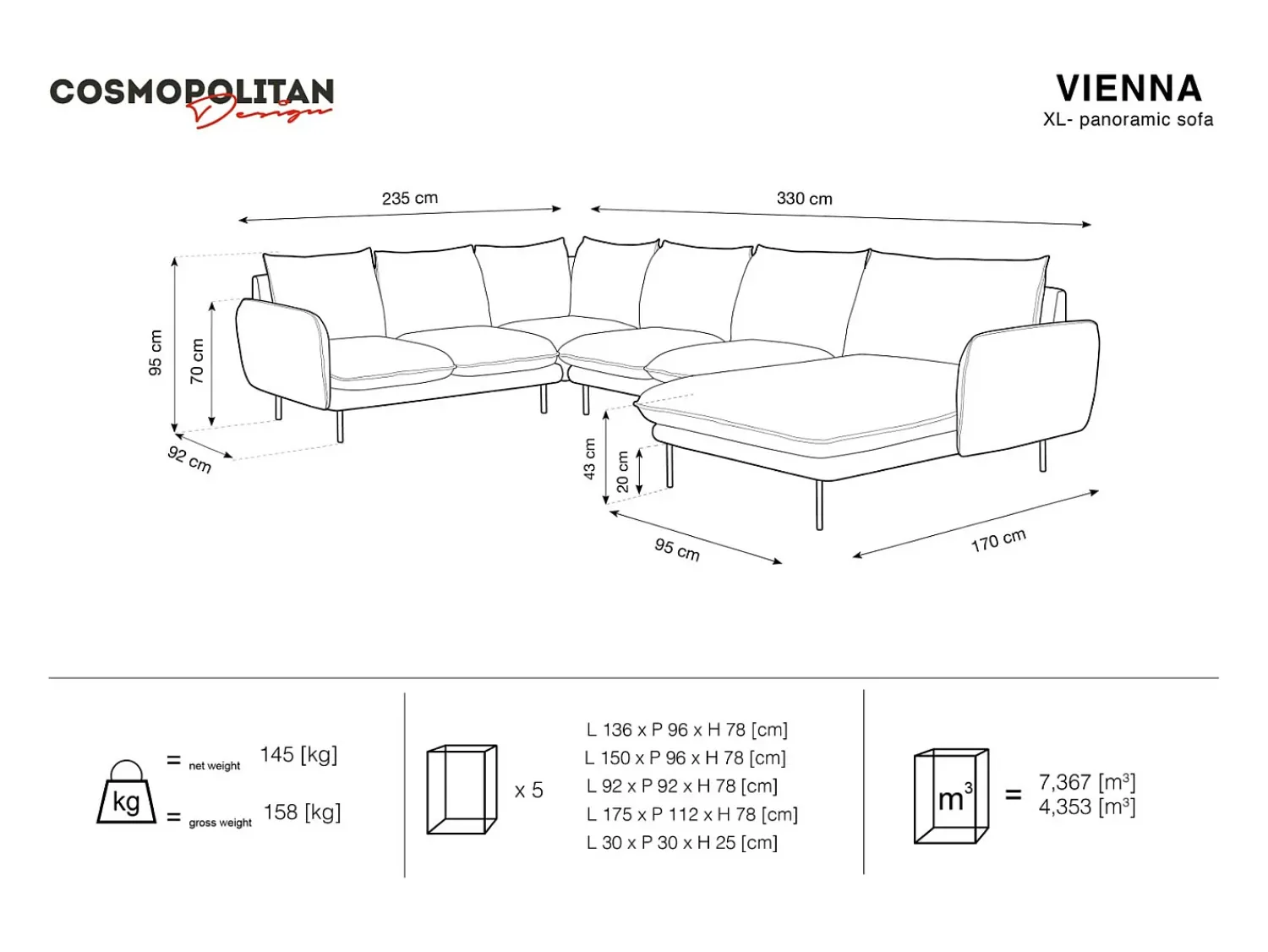 Sofá*Cosmopolitan Design - Sofá de canto panorâmico à esquerda "Vienna" 7 lugares em tecido estrutural cinza claro - 330x235x95cm Cinzento claro