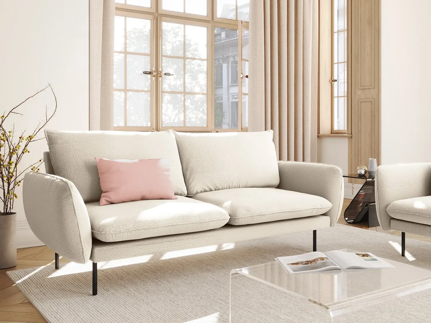 Sofá|Cosmopolitan Design - Sofá "Vienna" 3 lugares em tecido bouclé - 200x92x95cm Bege