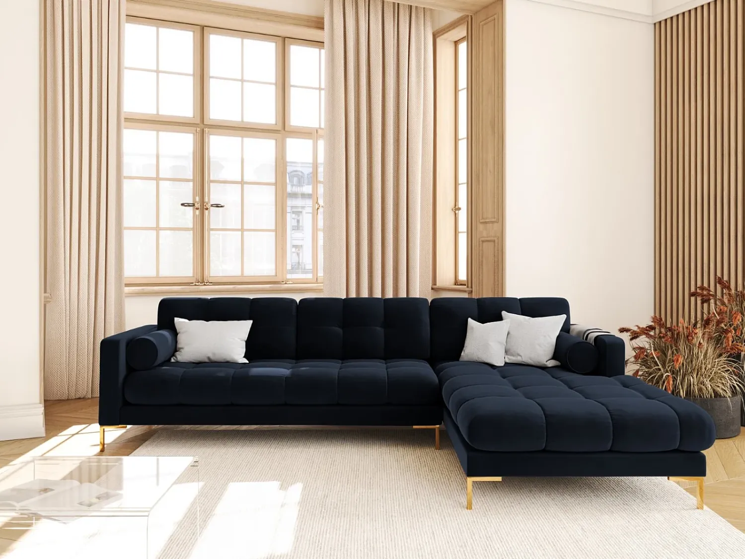 Clearance Cosmopolitan Design - Sofá de canto direito "Bali" 5 lugares em veludo - 293x185x75cm Azul escuro