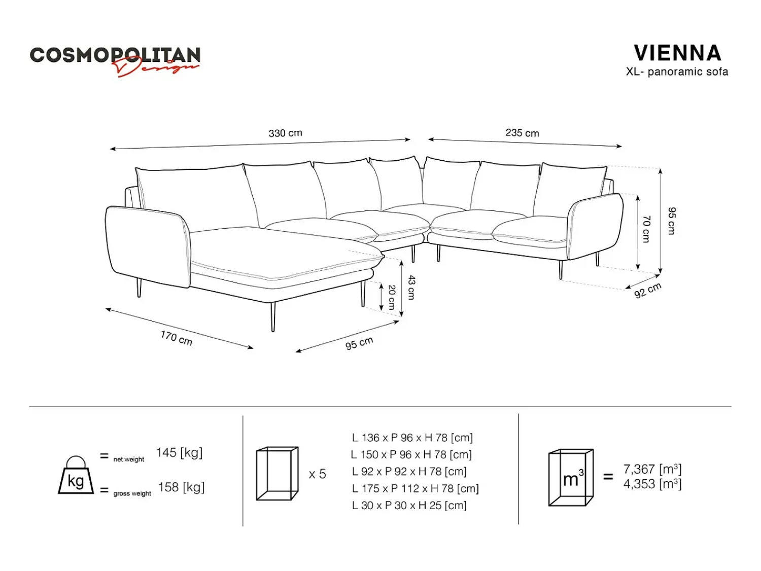 Hot Cosmopolitan Design - Sofá de canto direito panorâmico "Vienna" 7 lugares em veludo azul real - 330x235x95cm Azul escuro