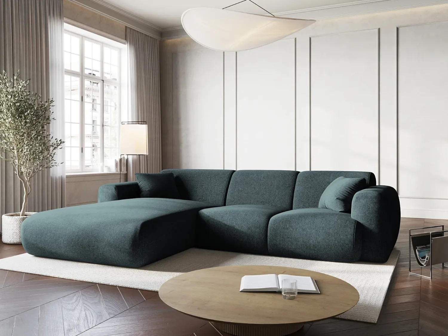 Sofá*Cosmopolitan Design - Sofá de canto esquerdo "Nolio" 4 lugares em tecido chenille petróleo - 260x170x72cm Verde esmeralda