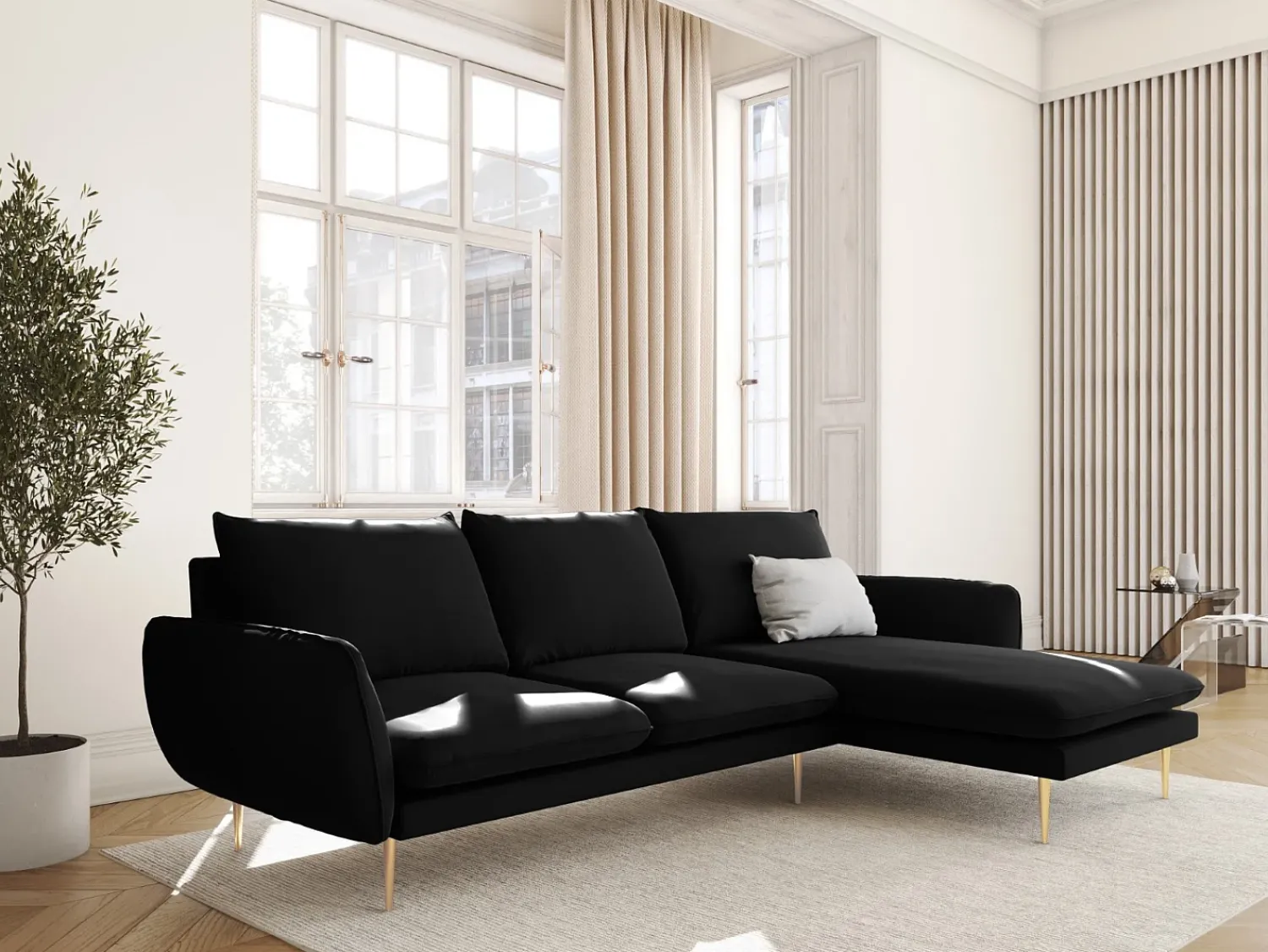 Sofá|Cosmopolitan Design - Sofá de canto direito "Vienna" 5 lugares em veludo - 255x170x95cm Preto
