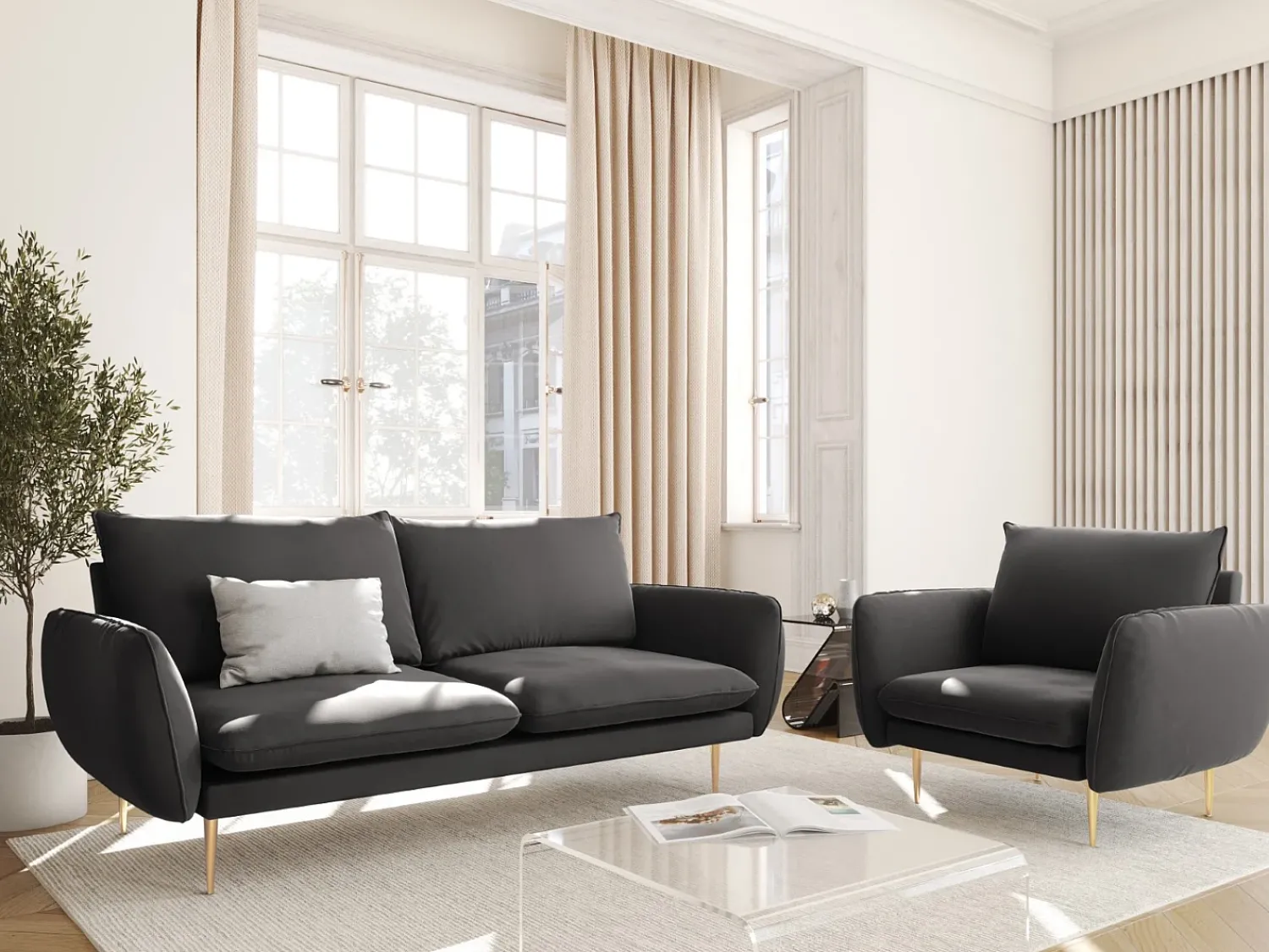 Cosmopolitan Design - Sofá "Vienna" 2 lugares em veludo cinza escuro - 160x92x95cm^ Sofá