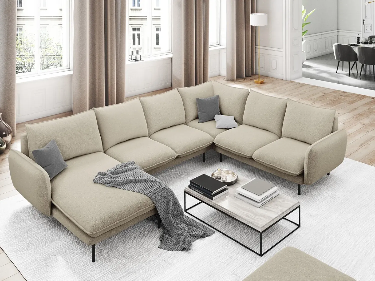 Sofá|Cosmopolitan Design - Sofá de canto direito panorâmico "Vienna" 7 lugares em tecido estrutural - 330x235x95cm Bege