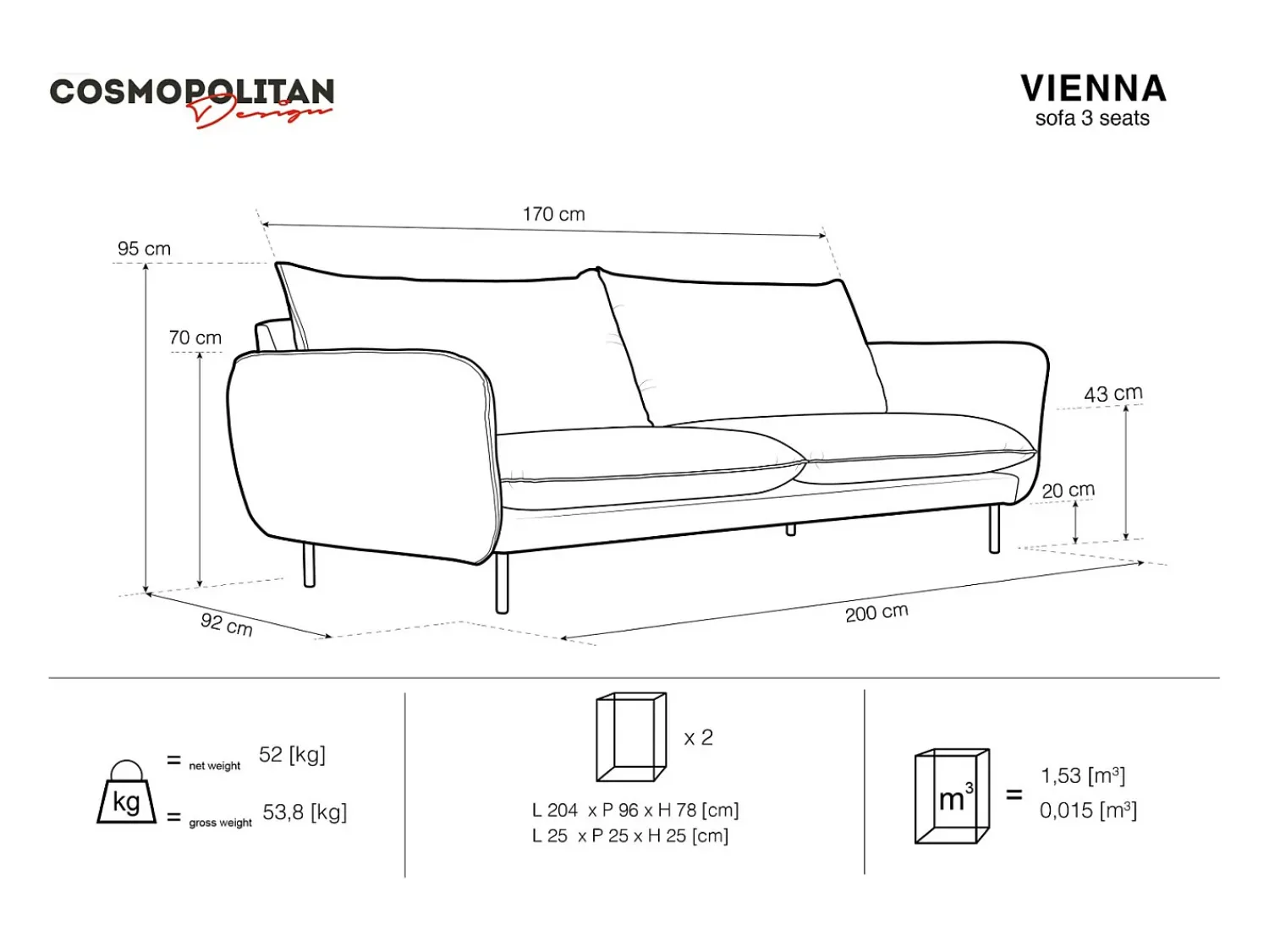 Cosmopolitan Design - Sofá "Vienna" 3 lugares em veludo - 200x92x95cm Azul escuro