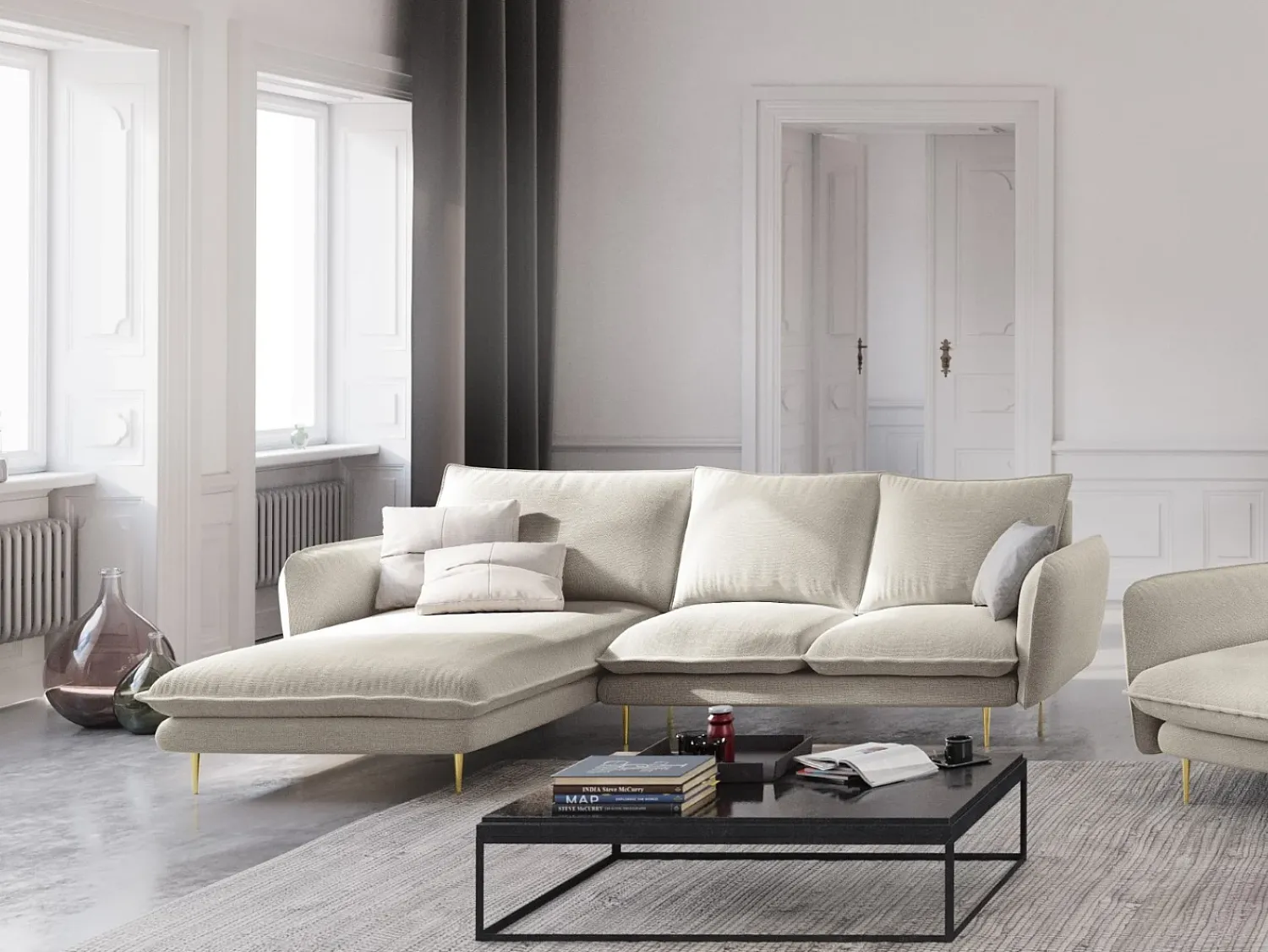 Cosmopolitan Design - Sofá de canto esquerdo "Vienna" 5 lugares em tecido estrutural claro - 255x170x95cm^ Sofá