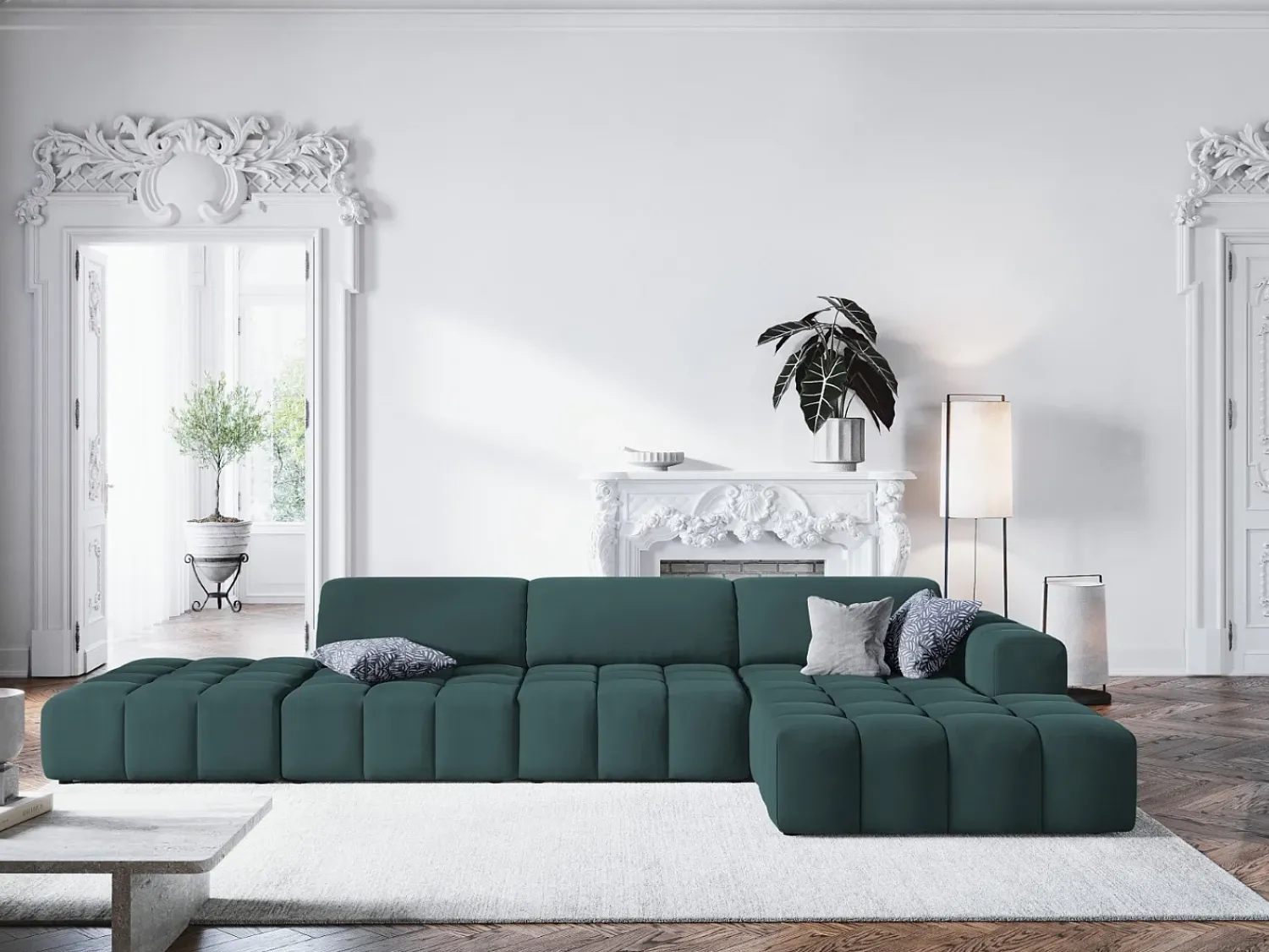 Sofá*CXL by Christian Lacroix - Sofá de canto direito "Luc" 5 lugares em veludo petróleo - 341x166x70cm Verde esmeralda