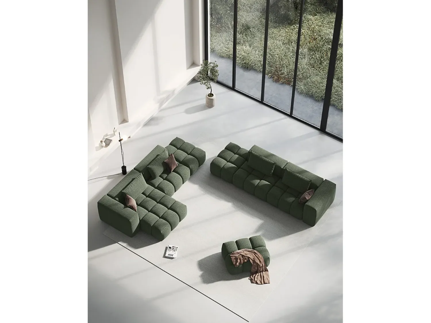 CXL by Christian Lacroix - Sofá modular de canto esquerdo "Lorella" 4 lugares em tecido estrutural verde oliva escuro - 265x145x70cm^ Sofá