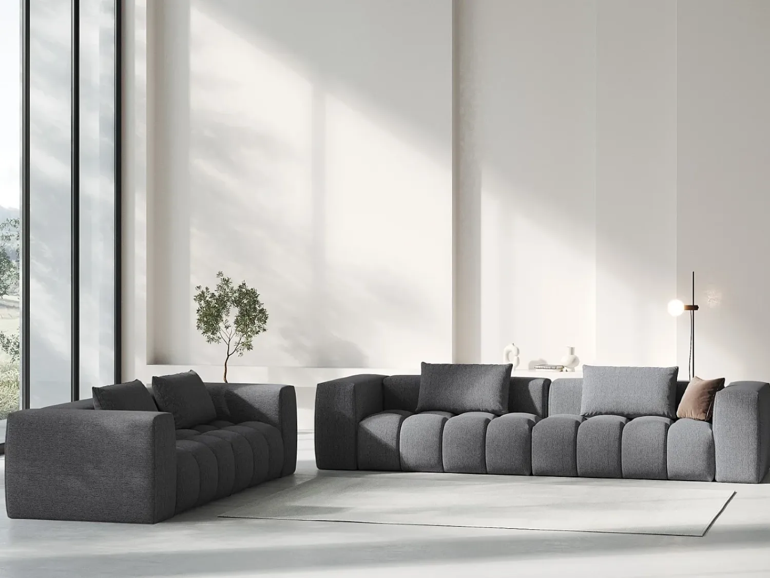 Sofá|CXL by Christian Lacroix - Sofá modular "Lorella" 5 lugares em tecido estrutural cinza - 290x85x70cm Cinzento