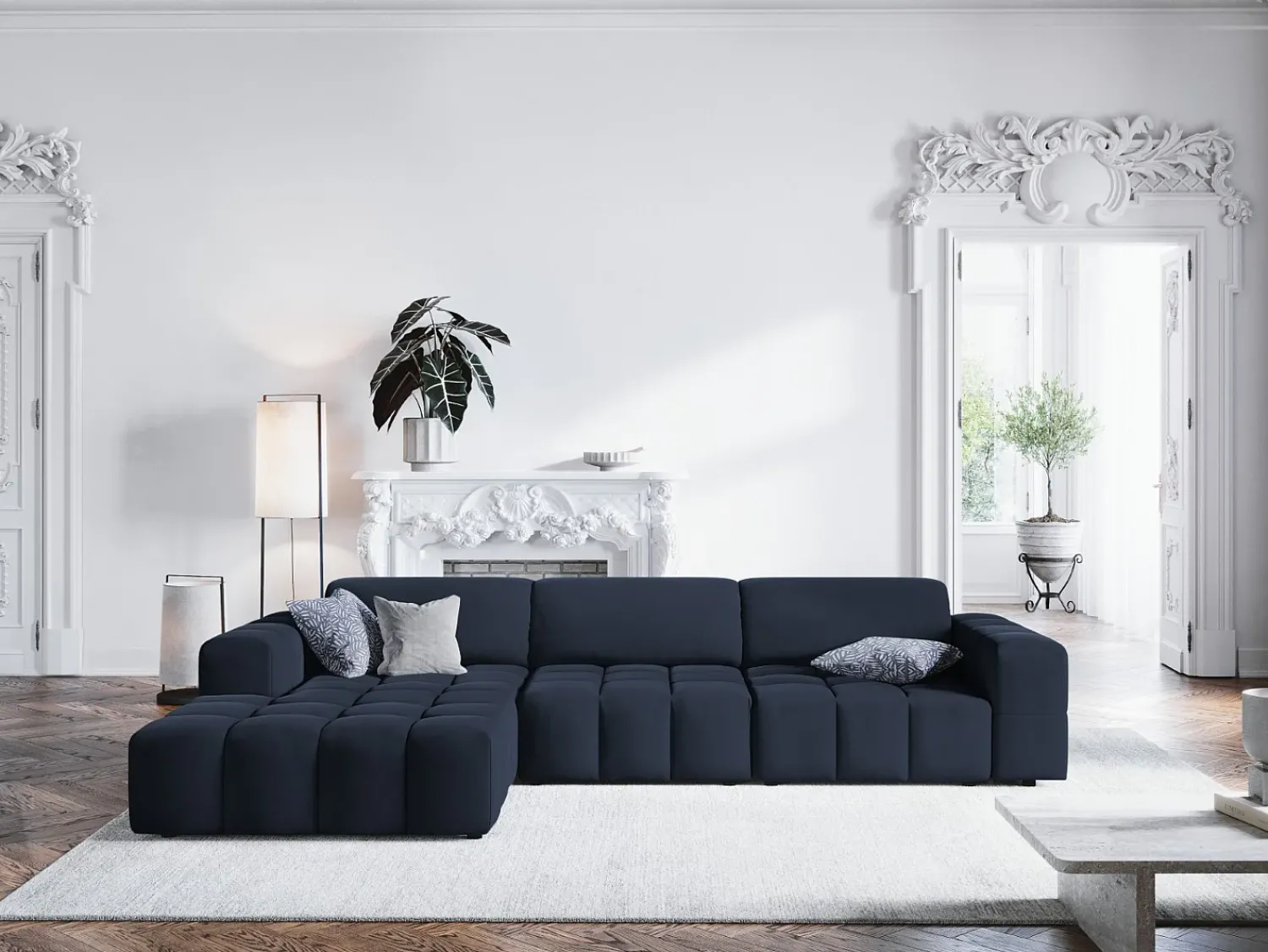 Sofá|CXL by Christian Lacroix - Sofá de canto esquerdo "Luc" 4 lugares em veludo - 284x166x70cm Azul escuro