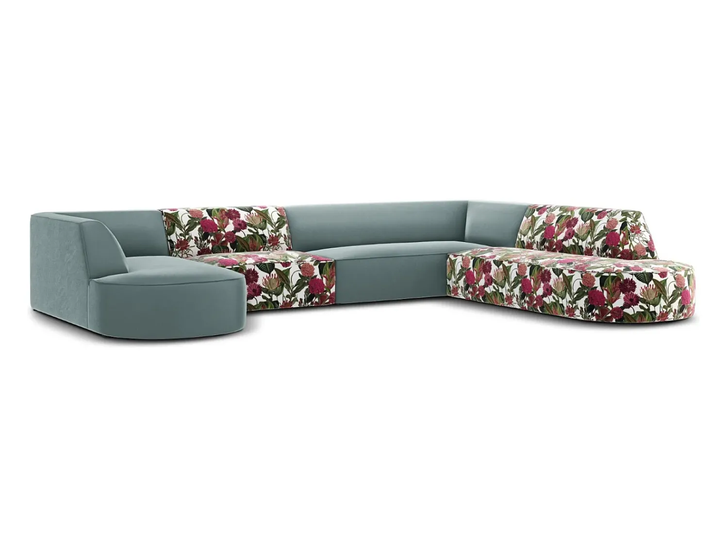 Sofá*CXL by Christian Lacroix - Sofá de canto direito panorâmico "Charles" 7 lugares em veludo padrão rosa jardim, menta - 366x273x69cm Multicor