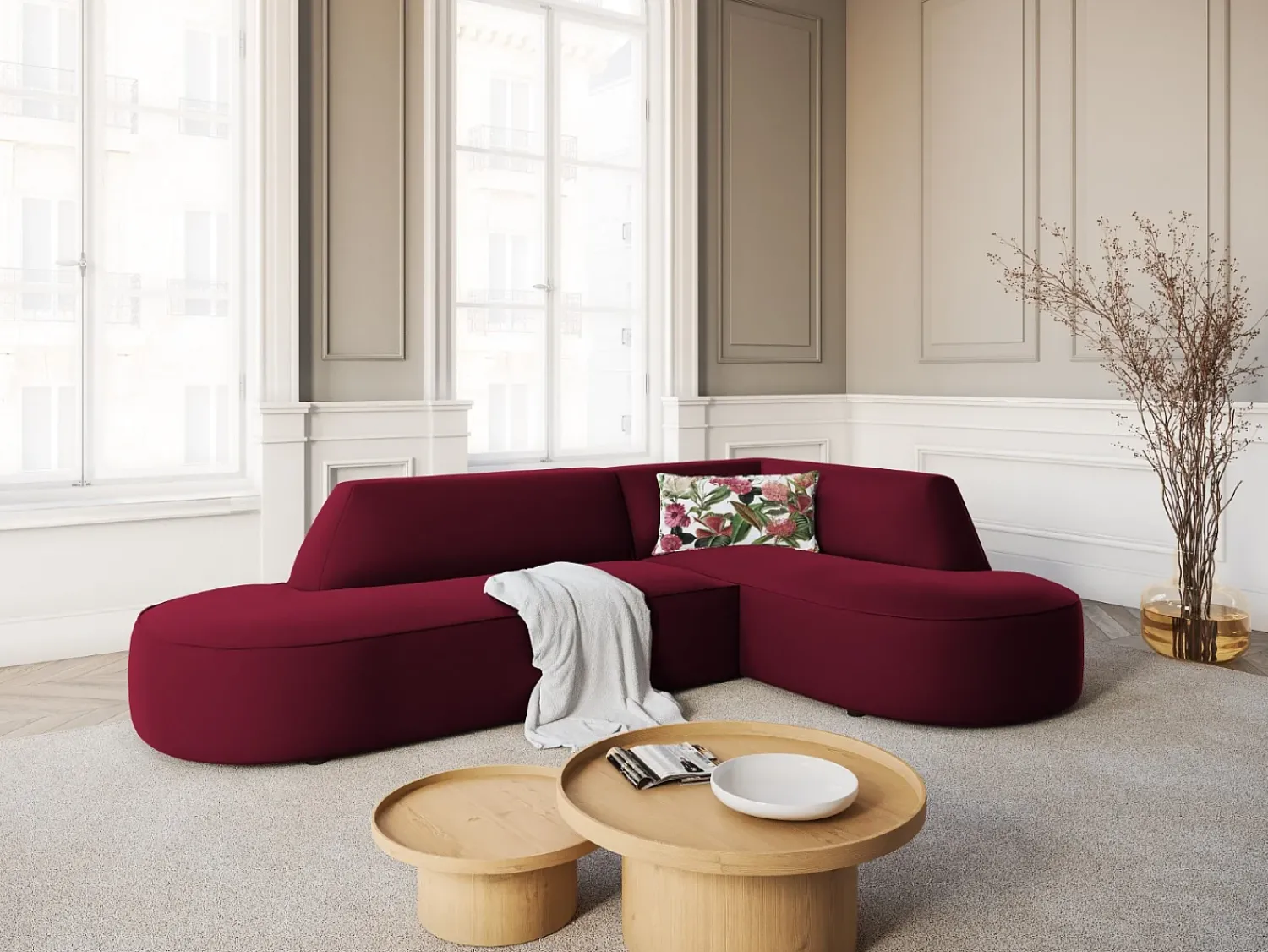 New CXL by Christian Lacroix - Sofá de canto direito "Charles" 4 lugares em veludo - 273x180x69cm Vermelho