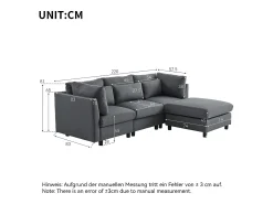 Hot KOMHTOM Design moderno, mobiliário estofado, sofá de 3 lugares, sofá de canto em forma de L com apoio para os pés, Cinzento