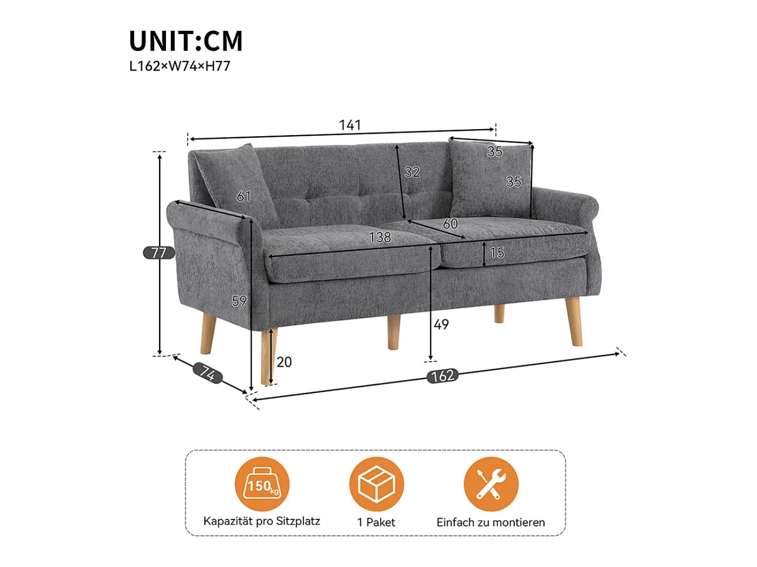 Sofá|KOMHTOM Design moderno, móveis estofados, sofá duplo, sofá estofado com almofadas grossas, Cinzento