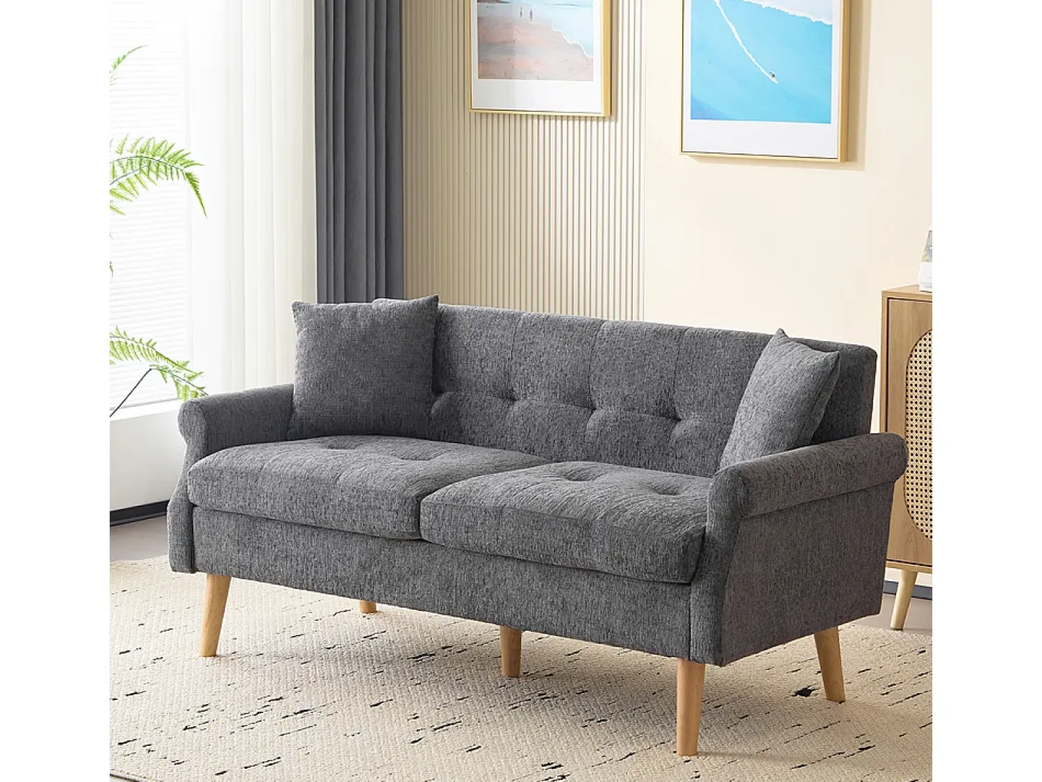 Sofá|KOMHTOM Design moderno, móveis estofados, sofá duplo, sofá estofado com almofadas grossas, Cinzento