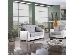Sofá*Dmora Divano letto con penisola Pablito, Divano contenitore reversibile in ecopelle e tessuto, Sofà apertura click-clack, 163x84h91 cm, Bianco e Grigio Branco
