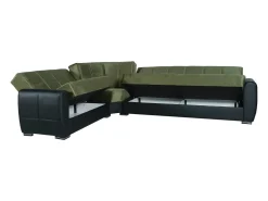 Dmora Divano letto con penisola Matias, Divano contenitore ad angolo in ecopelle e tessuto, Sofà con apertura click-clack, 305x238h91 cm, Nero e Verde Preto