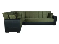 Dmora Divano letto con penisola Matias, Divano contenitore ad angolo in ecopelle e tessuto, Sofà con apertura click-clack, 305x238h91 cm, Nero e Verde Preto