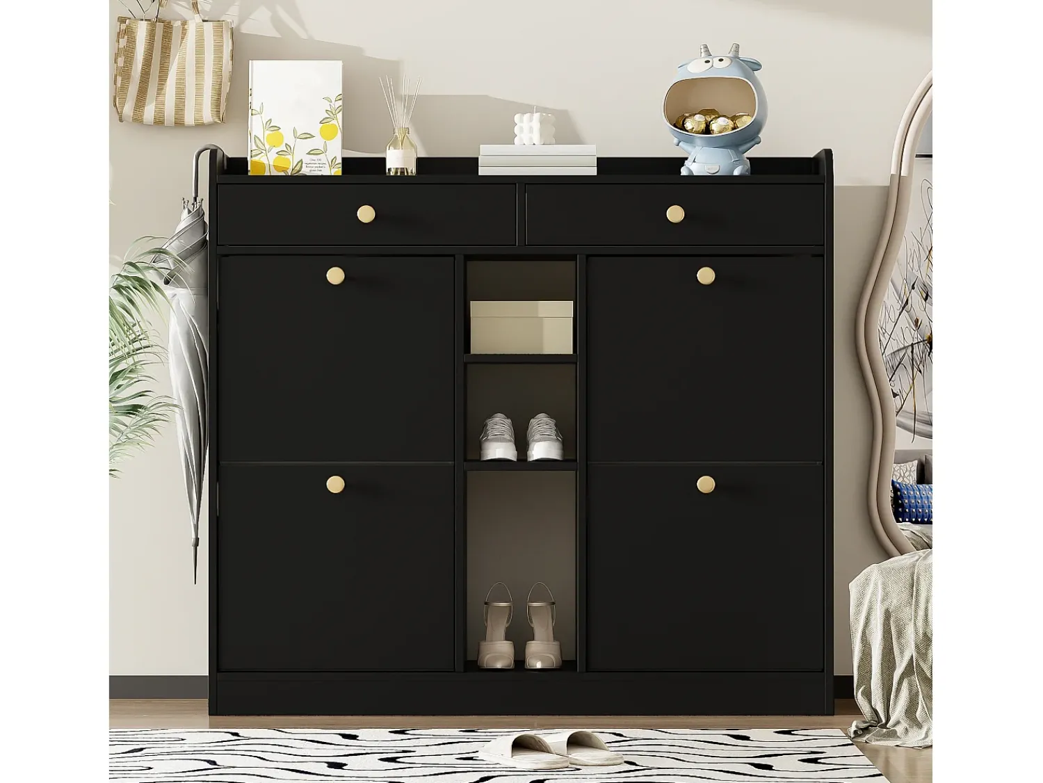 Móvel De Arrumação|Sapateira* Elegante sapateira com 4 portas articuladas, 2 gavetas, 3 compartimentos abertos, Preto