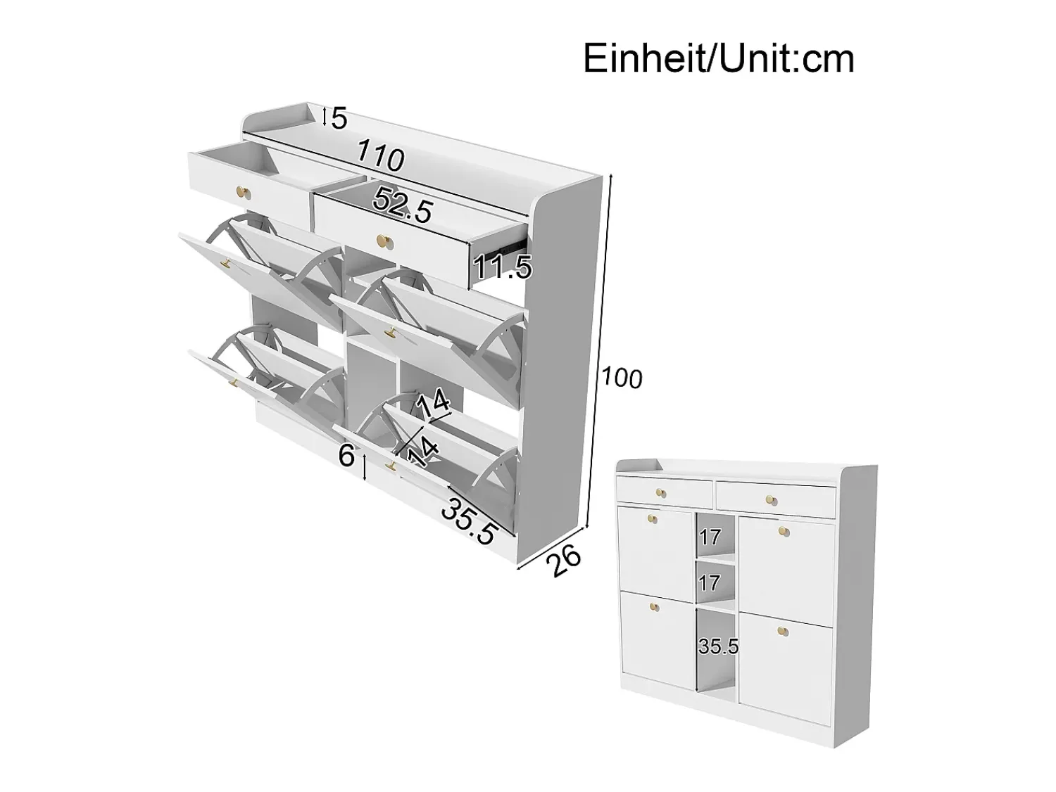 Móvel De Arrumação|Sapateira| Elegante sapateira com 4 portas articuladas, 2 gavetas, 3 compartimentos abertos, Branco