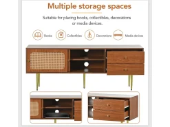 Móvel De Tv* Elegante suporte para TV em nogueira com portas e gavetas em rattan - 160x40x60cm Castanho