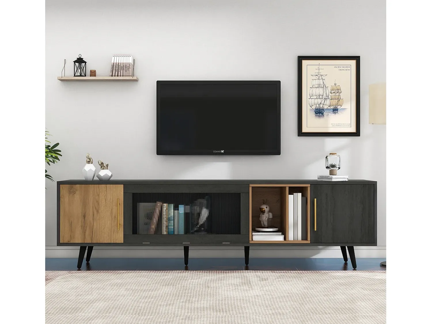 Elegante suporte para TV, 200 x 40 x 55,5 cm, madeira escura, com porta de vidro basculante, para sala de estar.^ Móvel De Tv