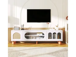 Móvel De Tv| Elegante suporte para TV, portas de vidro deslizantes, seções arqueadas abertas, pés de madeira maciça, Branco