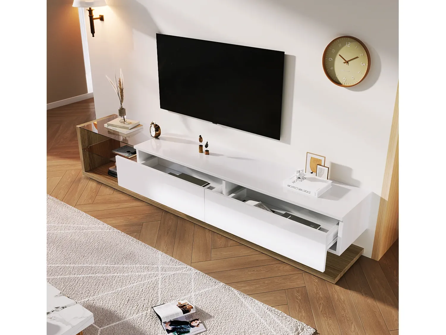 Elegante suporte para TV para sala de estar com iluminação LED ajustável - 2 gavetas e espaço aberto para arrumação - cor madeira e^ Móvel De Tv