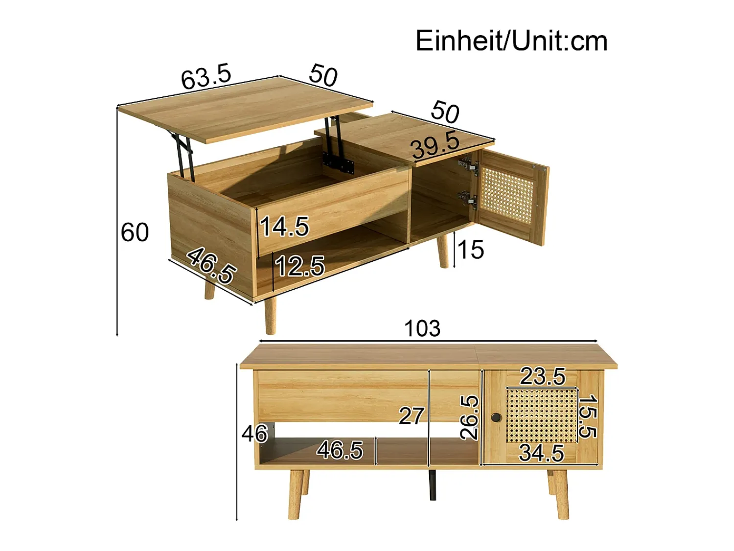Elegante tavolino con piano sollevabile e ante in rattan, colore legno + nero, pratico spazio di archiviazione e design funzionale^ Mesa De Centro