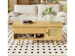 Elegante tavolino con piano sollevabile e ante in rattan, colore legno + nero, pratico spazio di archiviazione e design funzionale^ Mesa De Centro