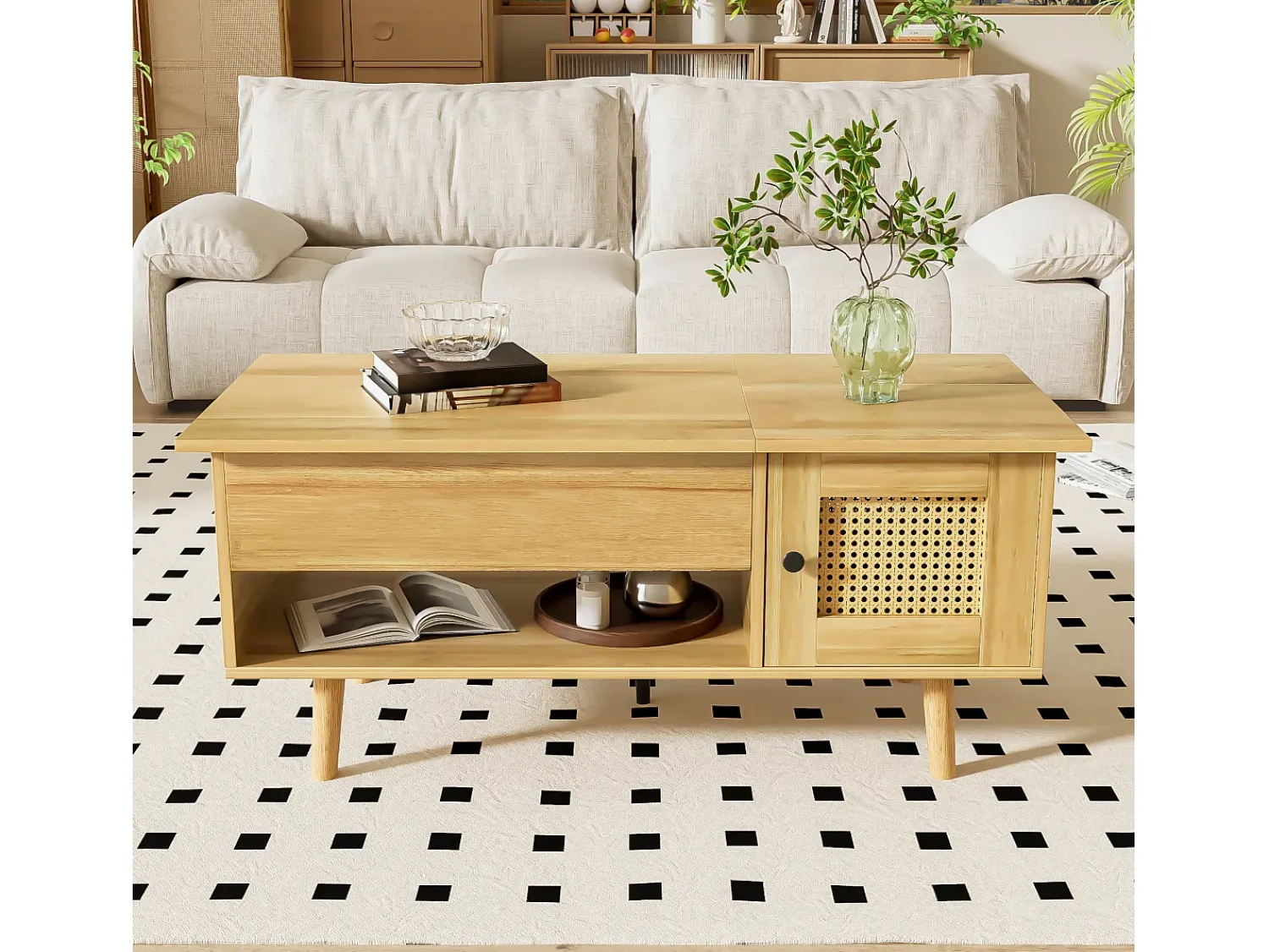 Elegante tavolino con piano sollevabile e ante in rattan, colore legno + nero, pratico spazio di archiviazione e design funzionale^ Mesa De Centro