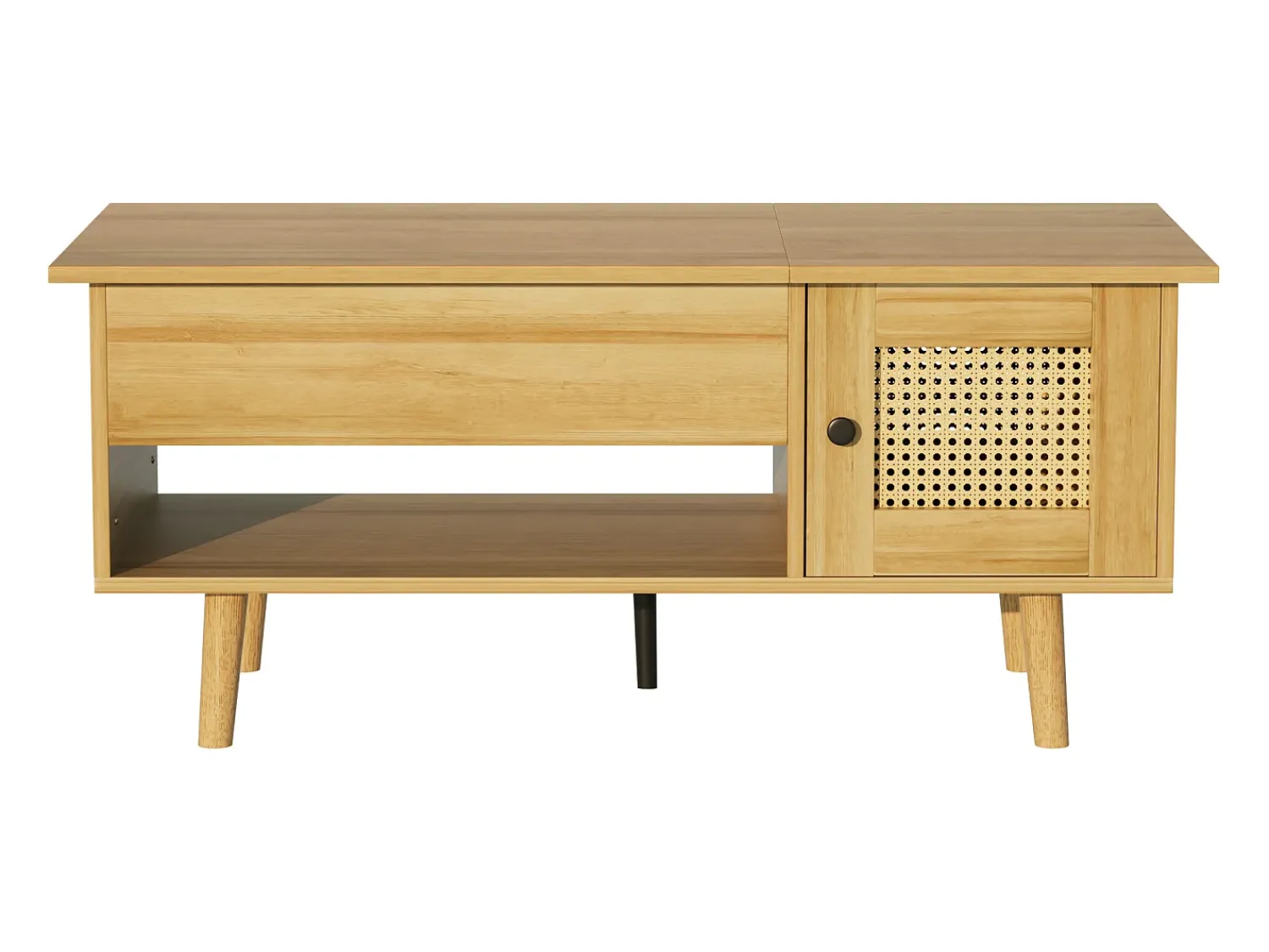 Elegante tavolino con piano sollevabile e ante in rattan, colore legno + nero, pratico spazio di archiviazione e design funzionale^ Mesa De Centro