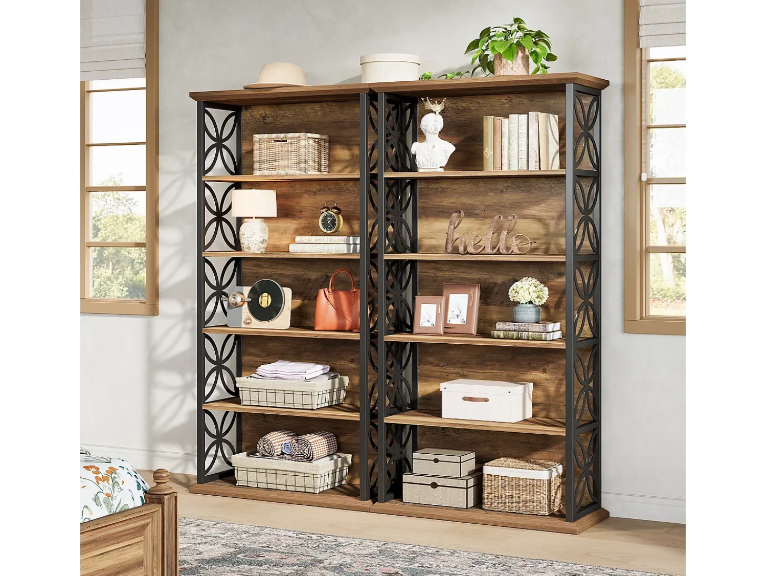 Biblioteca|Tribesigns Estante Alta de 6 Andares, Estante Industrial de 180cm com Moldura de Metal, Prateleiras de Armazenamento Aberto Autossustentáveis Castanho