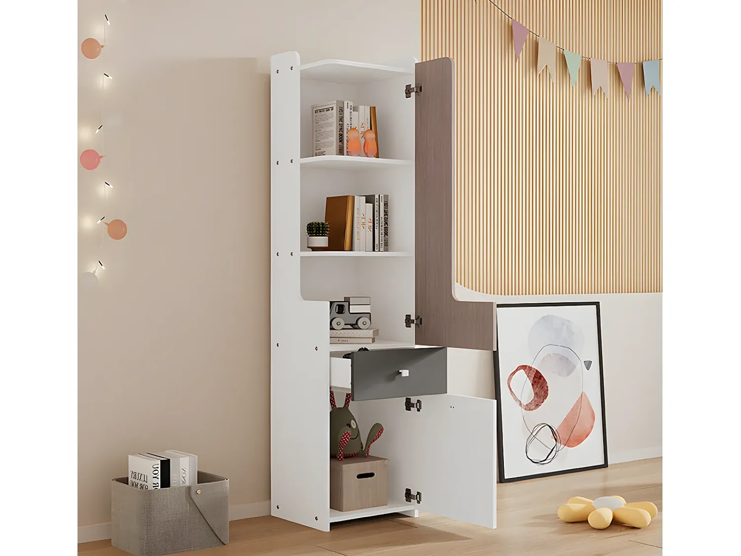 ModernLuxe Estante com gavetas e expositor - em MDF - Branco e Cinza Claro^ Biblioteca