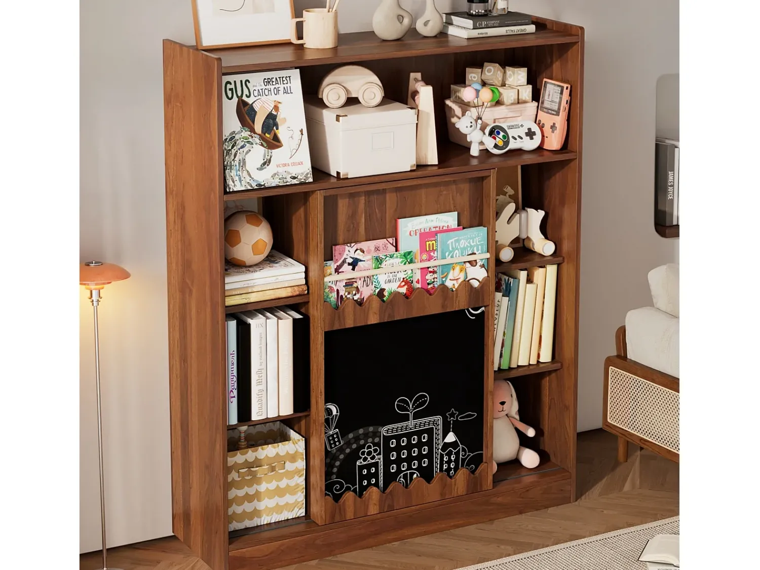 Hauss Spole Estante cor nogueira com porta de correr, quadro preto e 9 prateleiras abertas, MDF^ Biblioteca