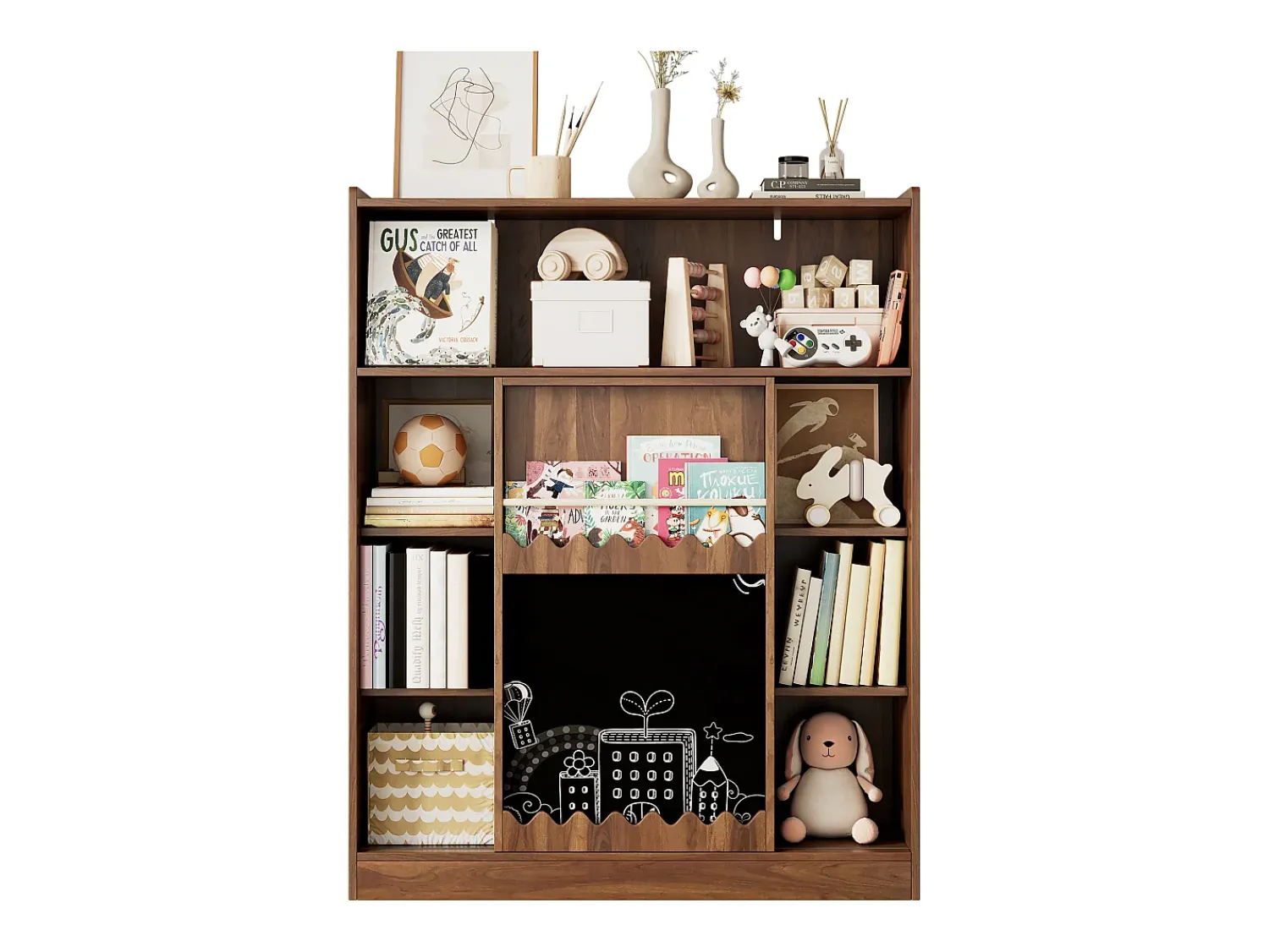 Hauss Spole Estante cor nogueira com porta de correr, quadro preto e 9 prateleiras abertas, MDF^ Biblioteca