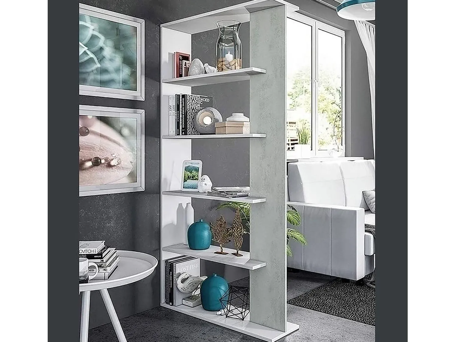 Prateleira|Dmora Estante Dblanc, Estante dupla face com 5 prateleiras, Prateleira divisória para escritório ou quarto, 90x25h180 cm, e Cimento Branco